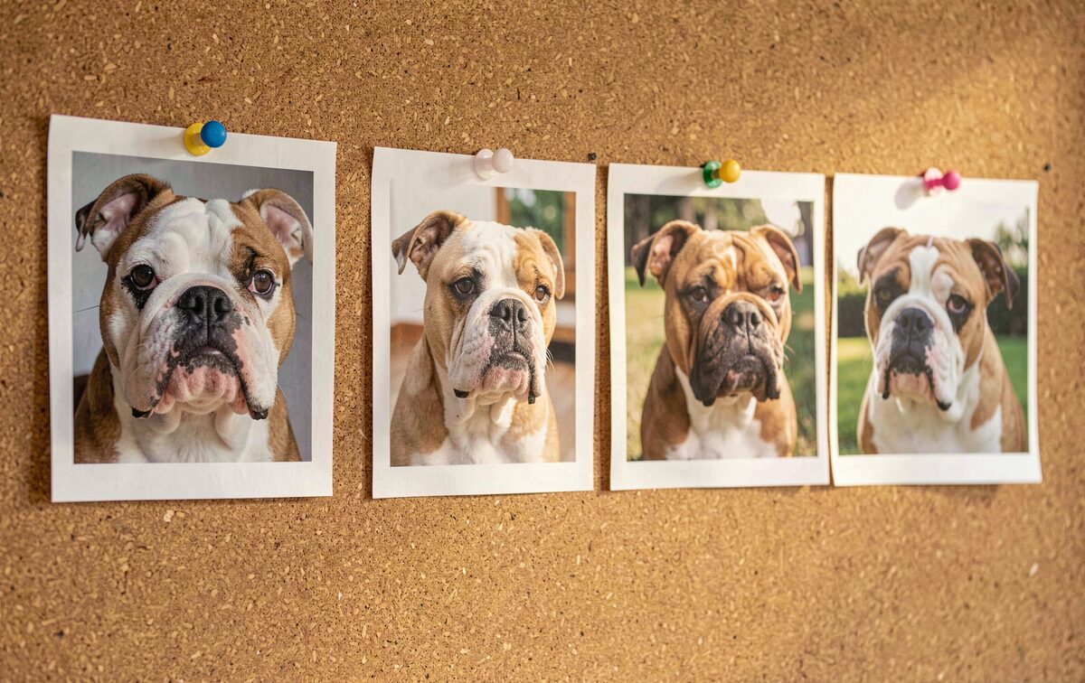 Four printed bulldog portraits pinned in a row on a cork board