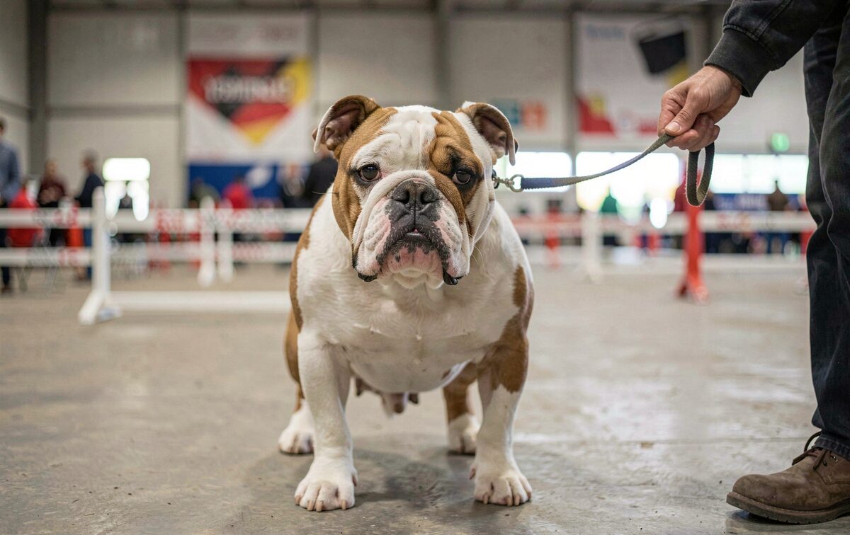 A bulldog in an indoor show hall, a handler's hand holding her lead, ring barriers blurred behind
