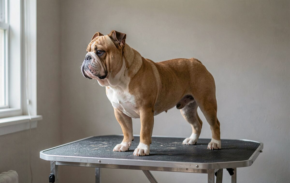 A bulldog standing in profile on a grooming table, stacked the way a handler sets him for a judge