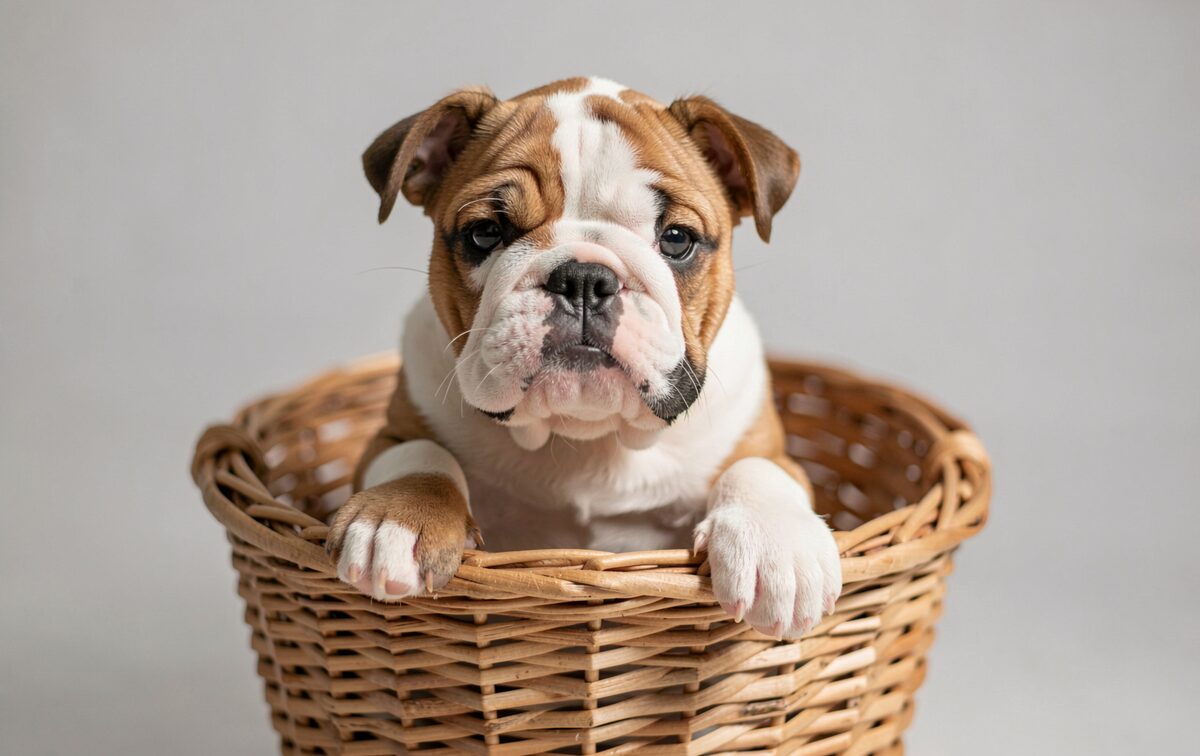A bulldog puppy sitting in a wicker basket, looking over the rim