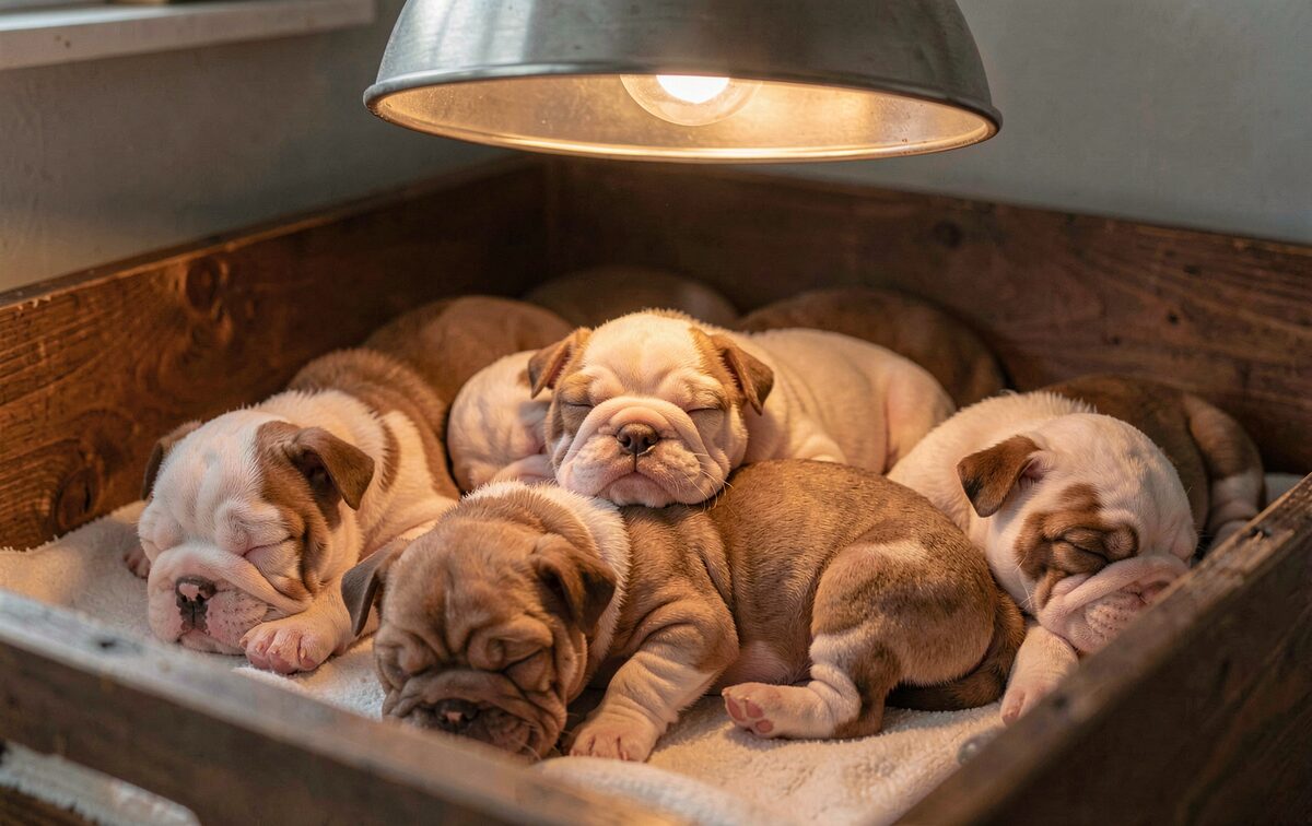 Newborn bulldog puppies asleep in a heap under a heat lamp