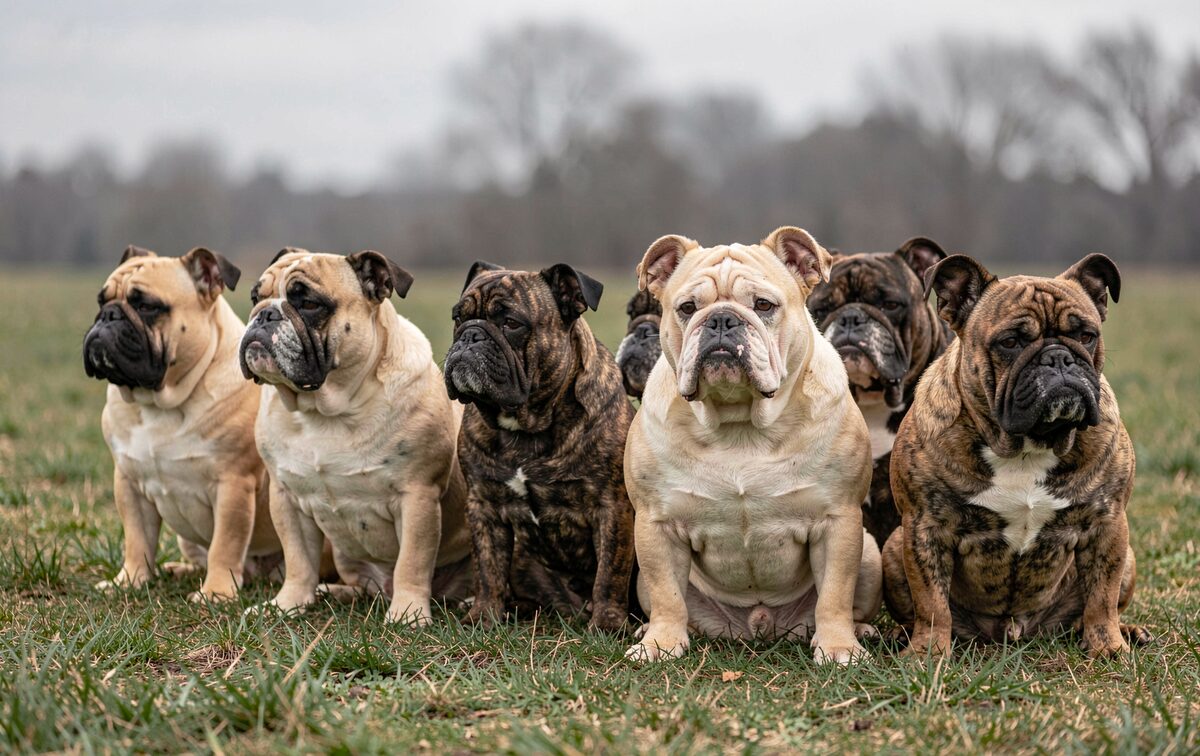Seven bulldogs sitting in a line on a grassy field, seen from the side