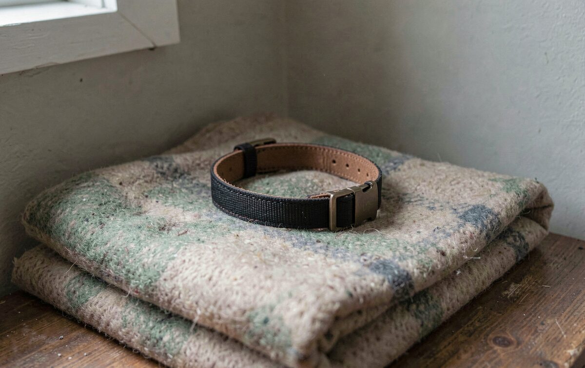 A dog collar laid on a folded wool blanket in the corner of a quiet room